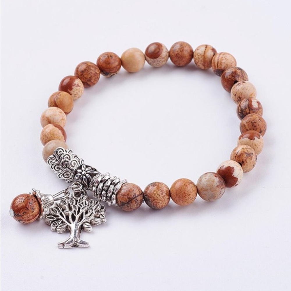 Picture Jasper 8mm Bead Stretch Bracelet With Tree Of Life Charm